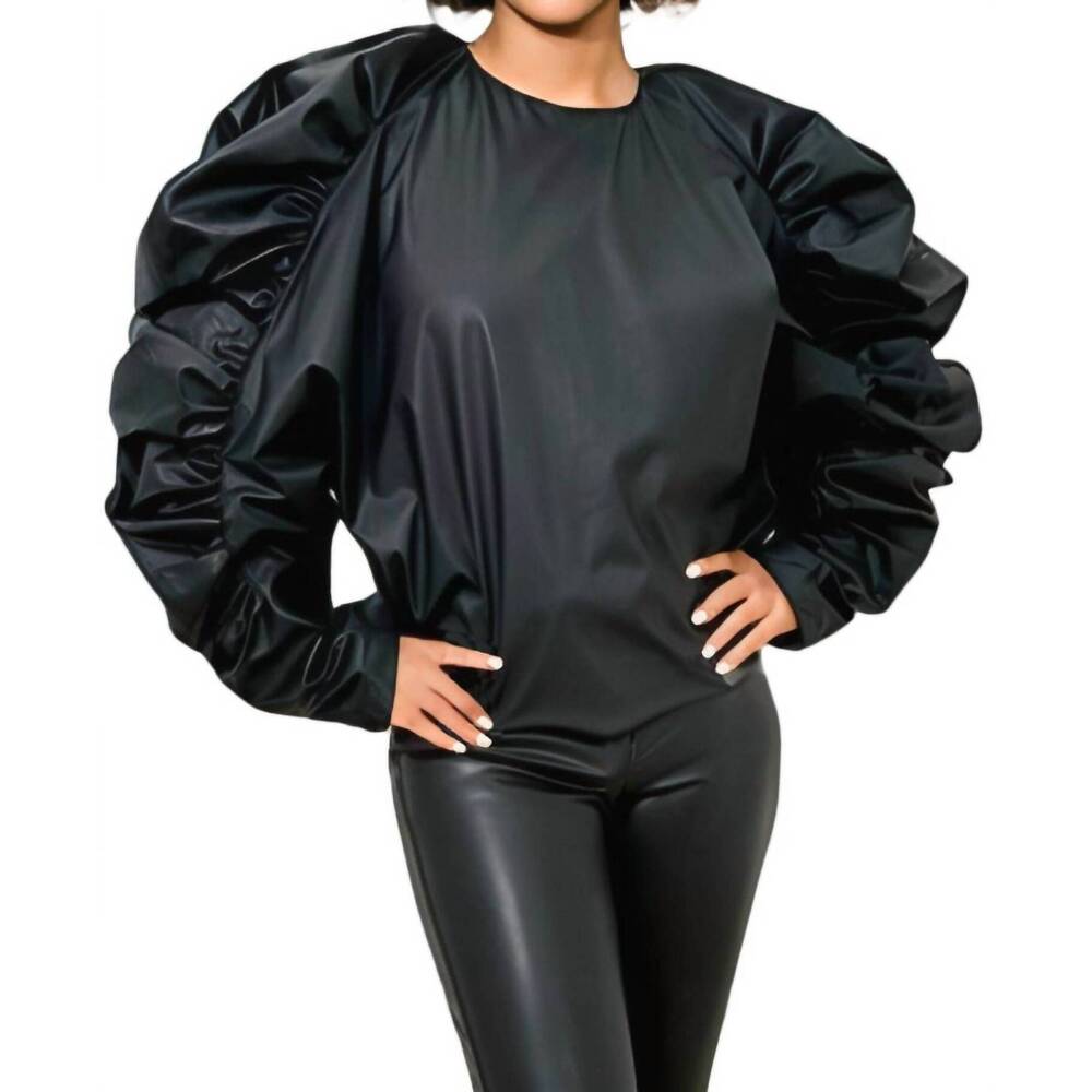 NEW N BY NANCY faux leather ruffle sleeve top in black